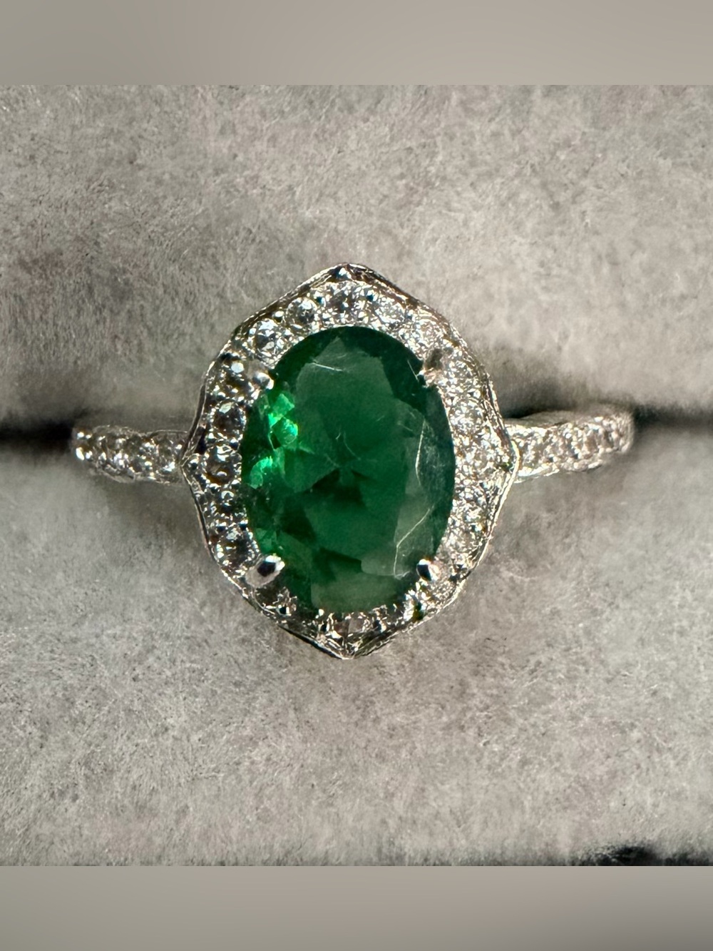Emerald Inspired Halo Solitaire Ring with band accents in Silver band